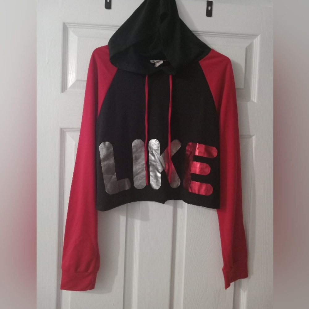Jasmine  Cropped Hoodie Sweatshirt Black/Red "LIKE" Printed Size L
